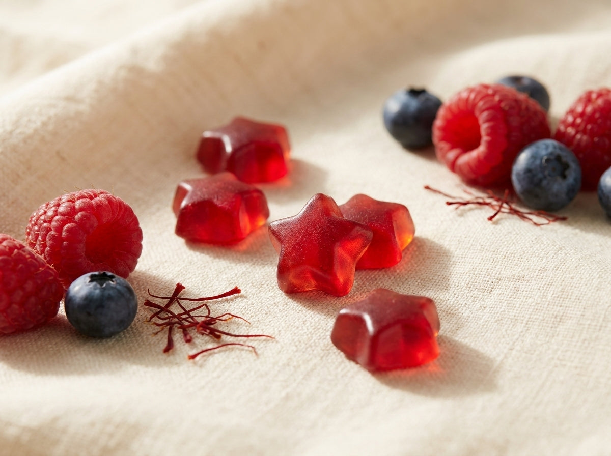 Mood Munchies star gummies with fresh berries