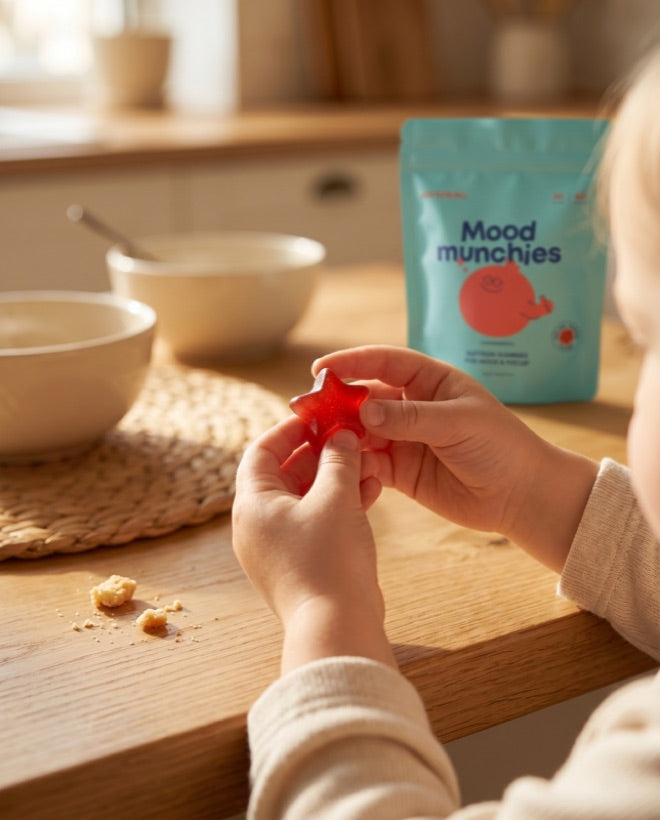 Child holding a Mood Munchies saffron gummy