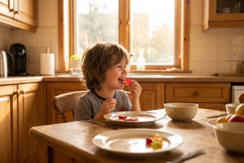 Child eating a gummy with breakfast
